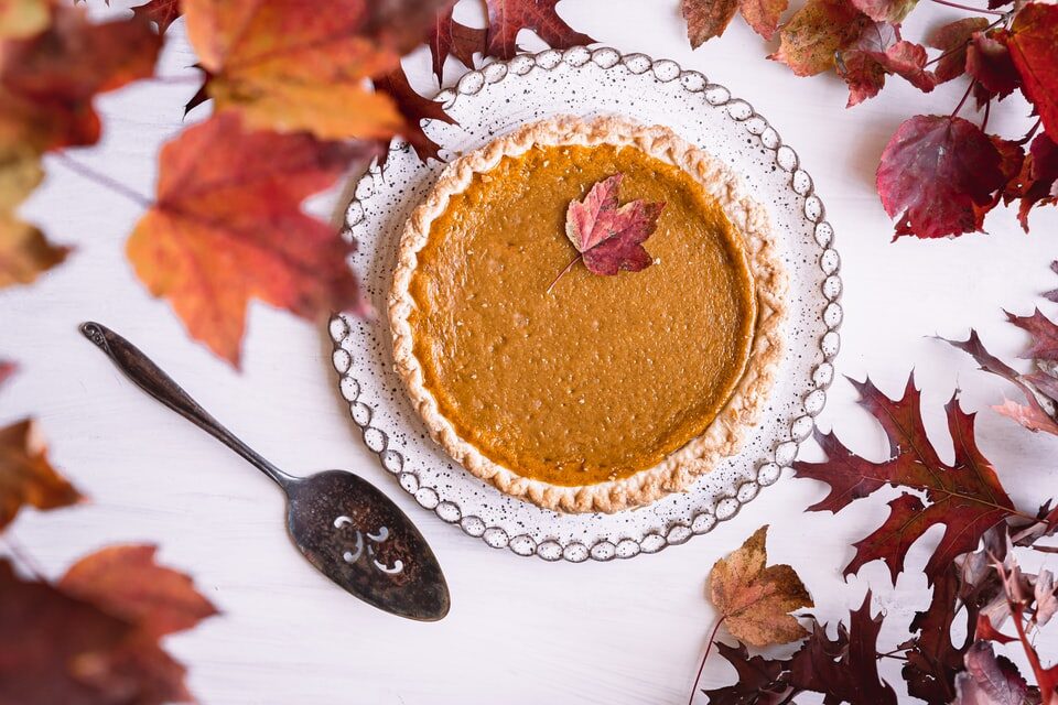 Ein saftiger Kürbiskuchen umgeben von Herbstblättern