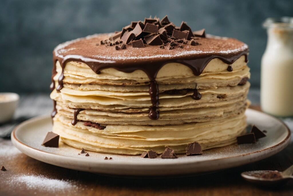Eine Crêpe-Torte mit einem Schokoladenüberzug und Schokoladensplittern obendrauf