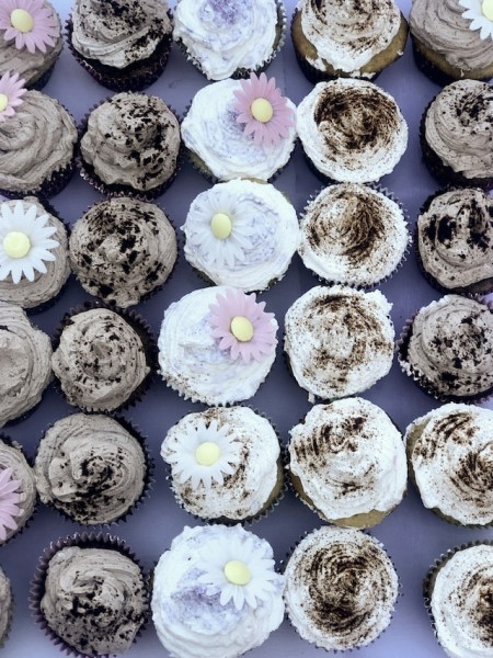 Muffins, in geraden Linien aufgereiht, dekoriert mit Frosting, Blumen sowie Kakaopulver